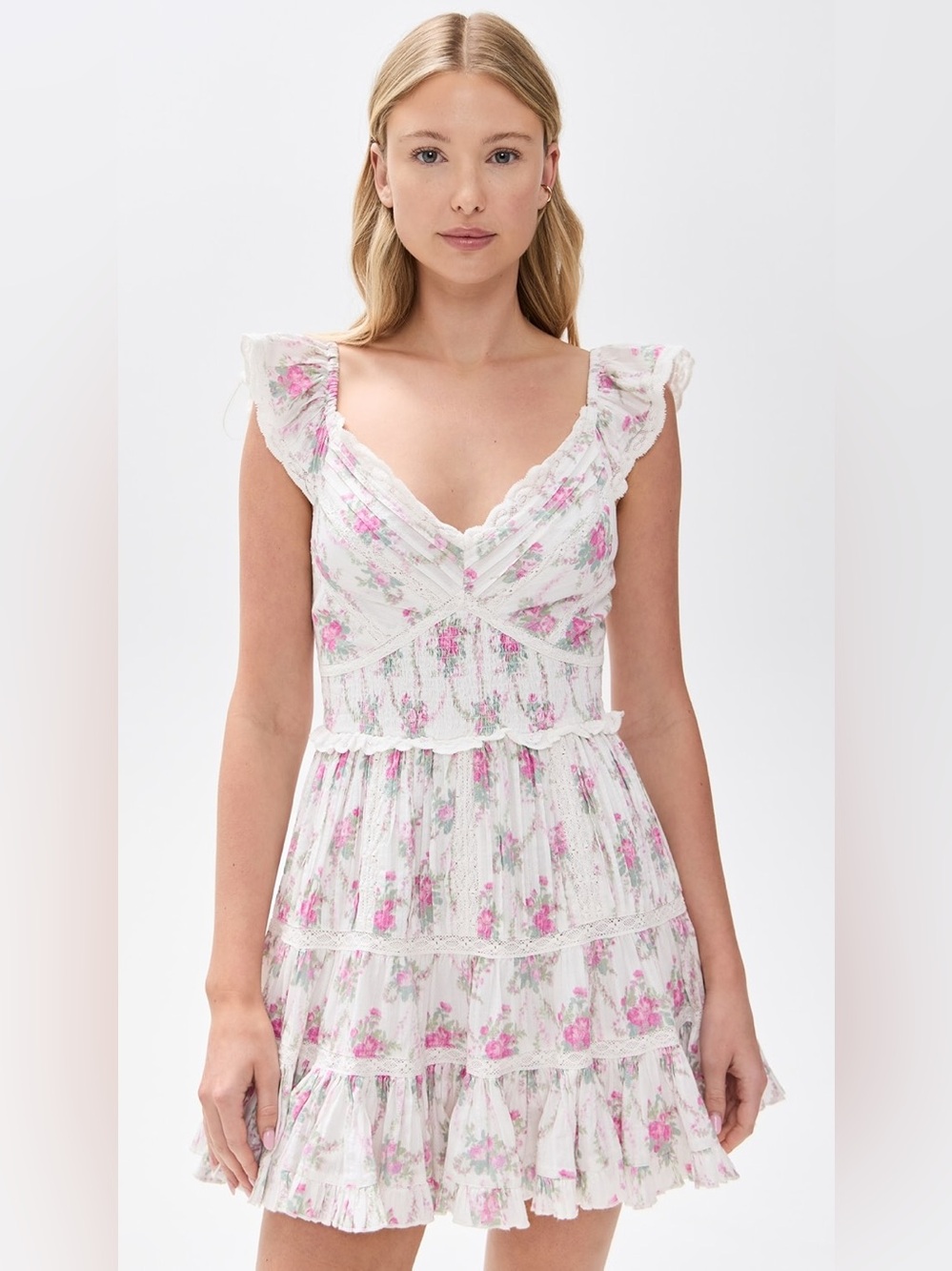 LoveShackFancy White and Pink Floral Ruffle Mini Dress